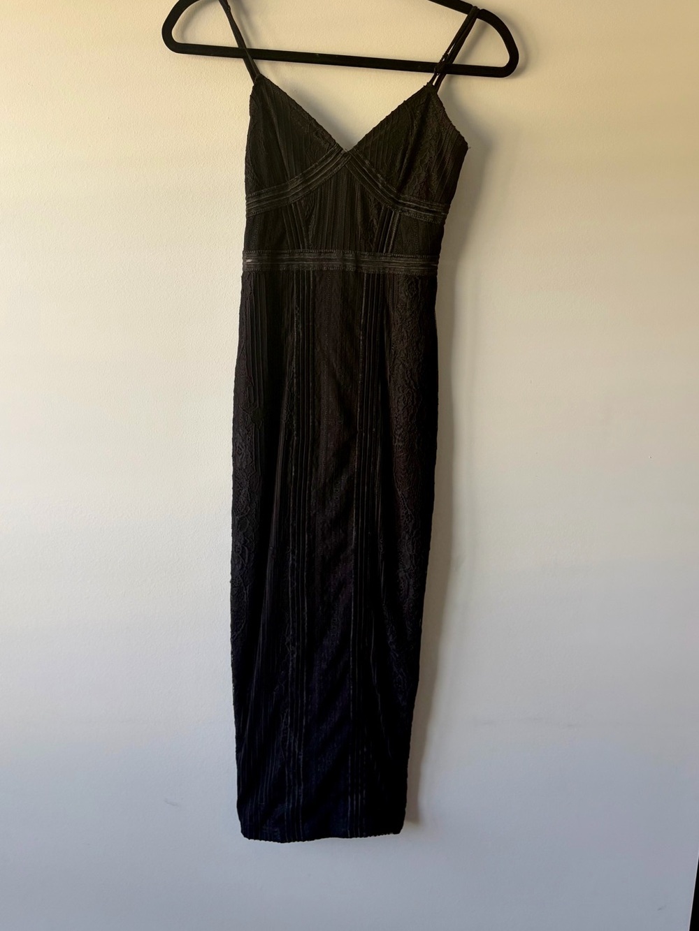 PrettyLittleThing Black Lace Mesh Stripe Insert Midi Dress NWT US 2 UK 6 Bodycon